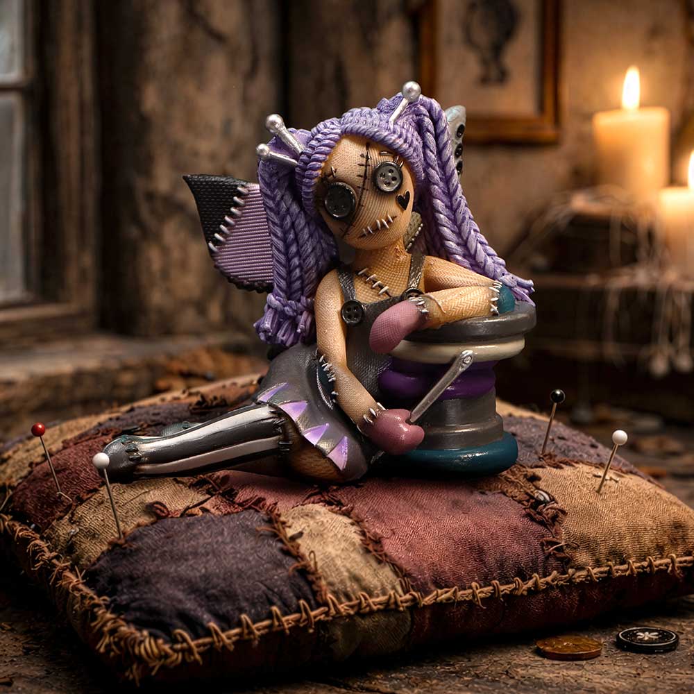 Cute spooky figurine beside sack of buttons