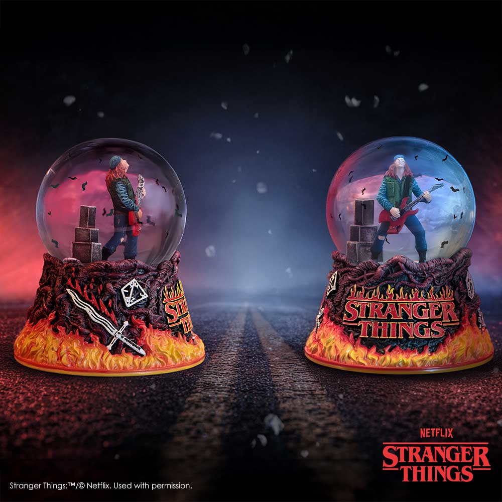 Stranger Things snow globes with characters and with logo on the base