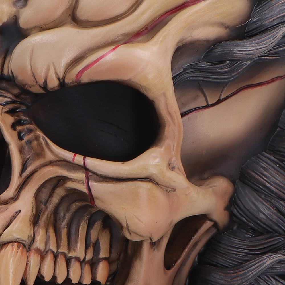 Close-up of Hall of Horrors detailed skull with visible bone structure and hair.