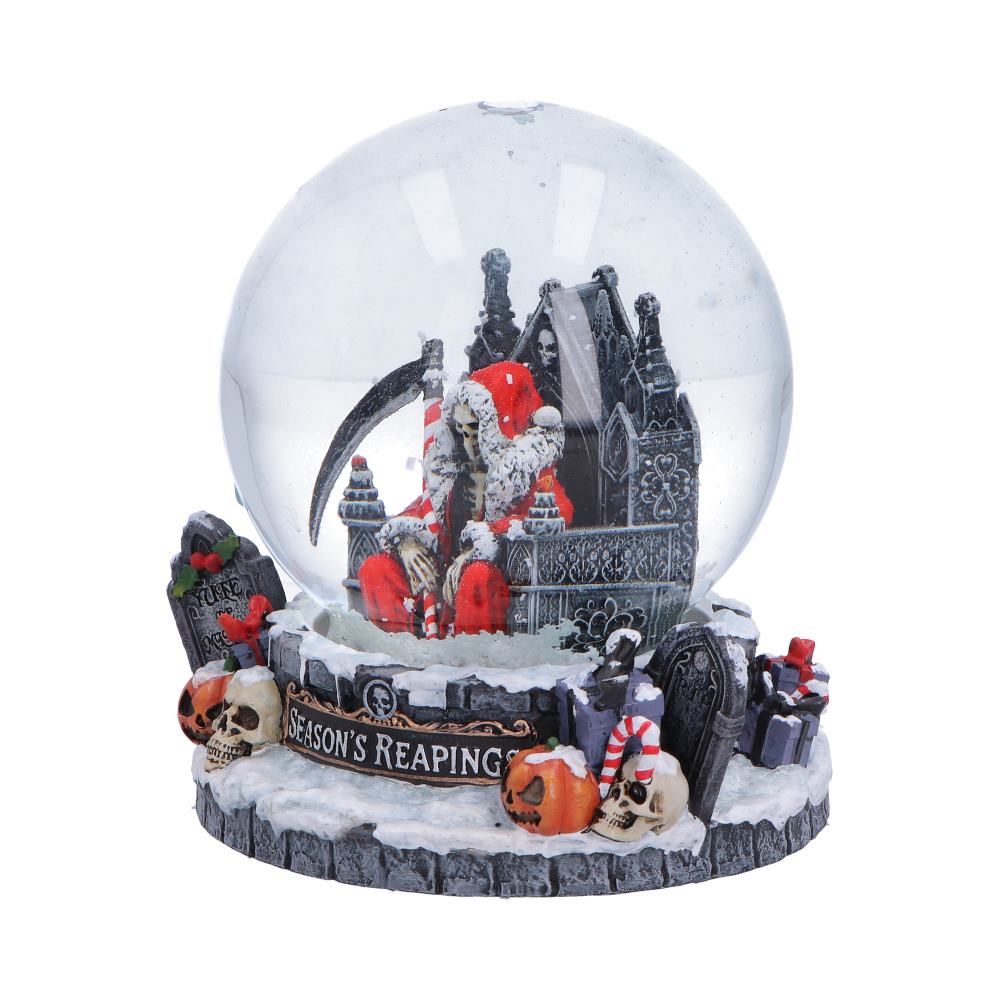 Side view of hand-painted dark fantasy Christmas collectible Seasons Reapings snow globe gothic festive ornament