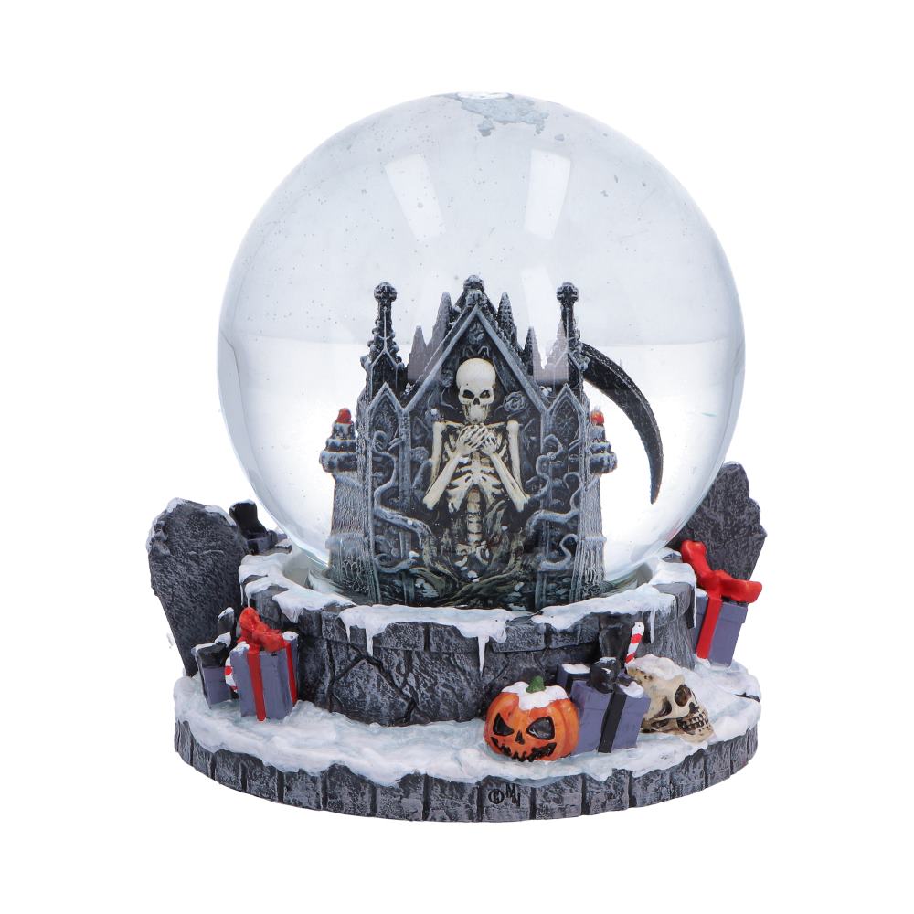 Rear view of the Silent Nightmares: Seasons Reapings Snow Globe showing the detailed gothic base with skulls, pumpkins, tombstones, snowy finish, and premium hand-painted craftsmanship.