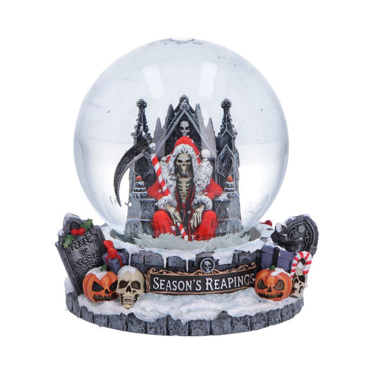 Silent Nightmares: Seasons Reapings Snow Globe 12.5cm featuring a Santa Reaper seated on a gothic throne with a candy cane scythe, snowfall effect, and premium hand-painted resin detailing.