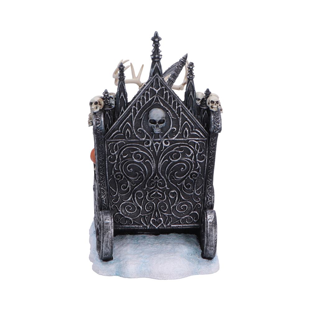 Rear view of the Silent Nightmares: Slay Bells Figurine showcasing the ornate gothic sleigh, flowing Reaper robes, skeletal reindeer, intricate sculpting, and premium hand-painted resin craftsmanship.