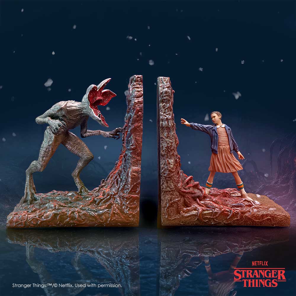 Stranger Things Upside Down bookend set by Nemesis Now on display