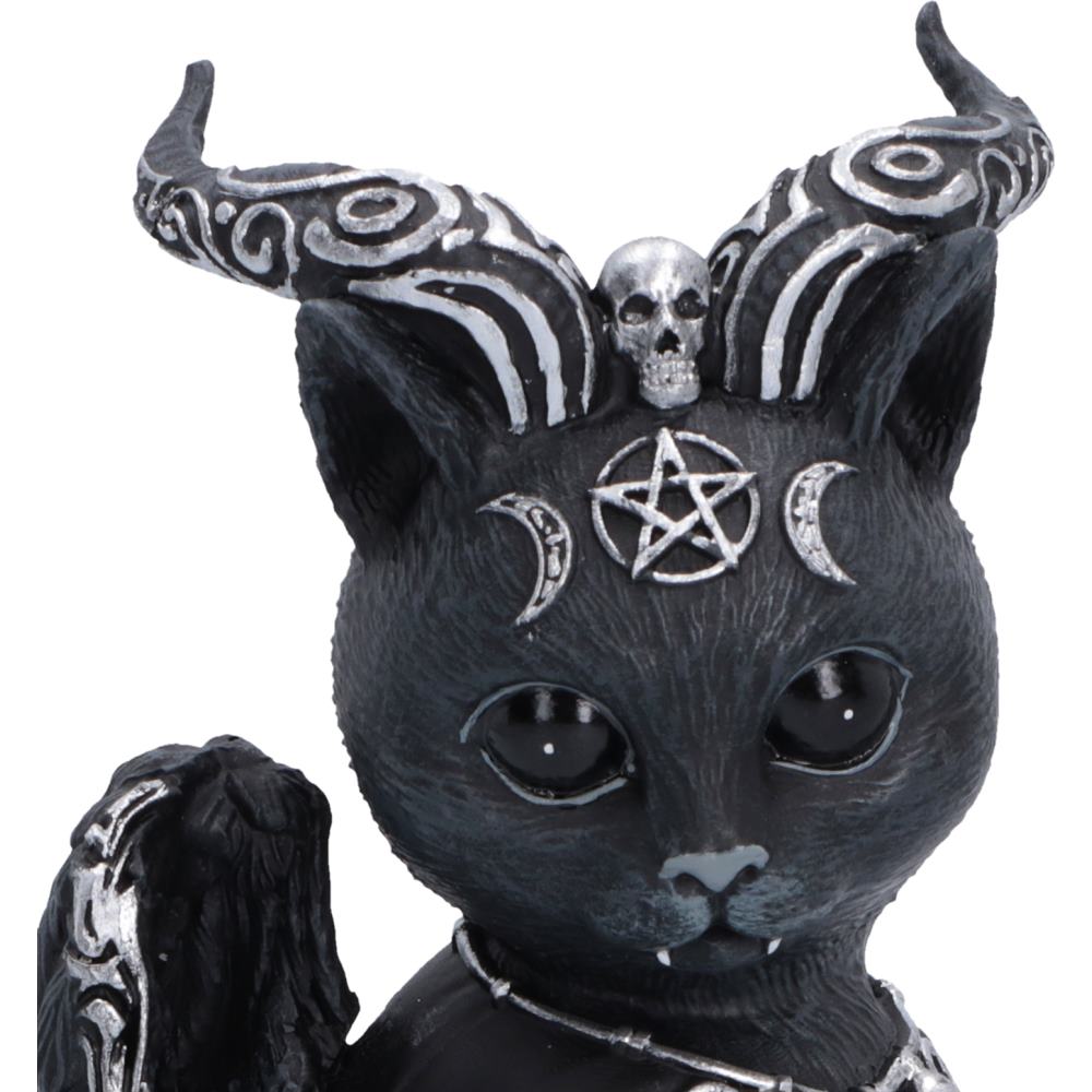 Halpurr black cat face with twisted horns and occult forehead symbol with silver pentagram, triple moon, and skull designs on its horns and forehead