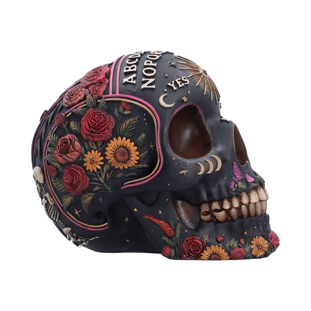 Spirit Board Bloom Skull with floral artwork and Ouija board lettering