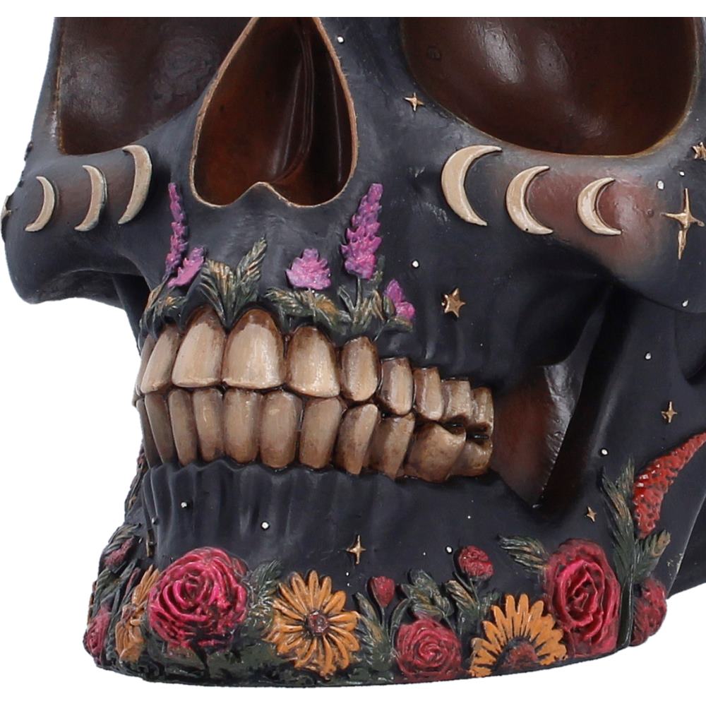 A decorative skull sculpture with a dark charcoal base, featuring painted pink and orange flowers, green leaves, gold stars, and cream-colored crescent moons around the eye sockets.