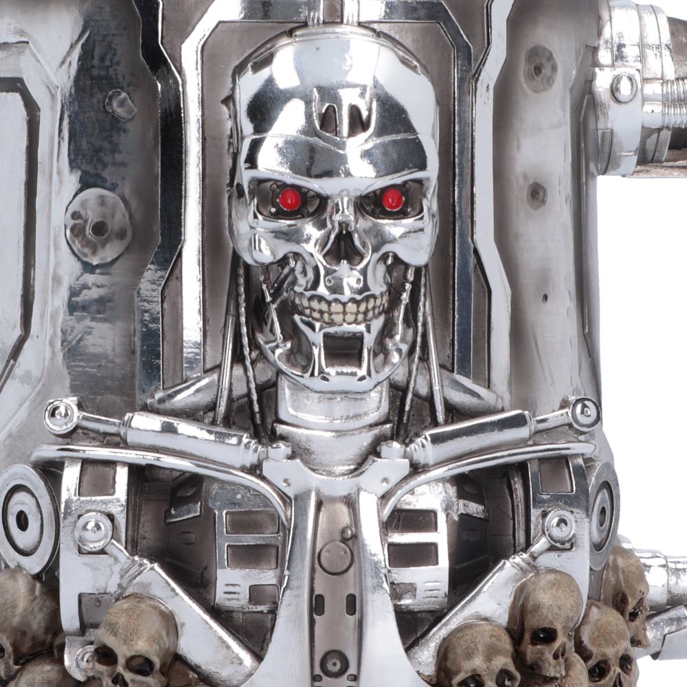Close-up of the T-800 skeletal face with menacing red eyes