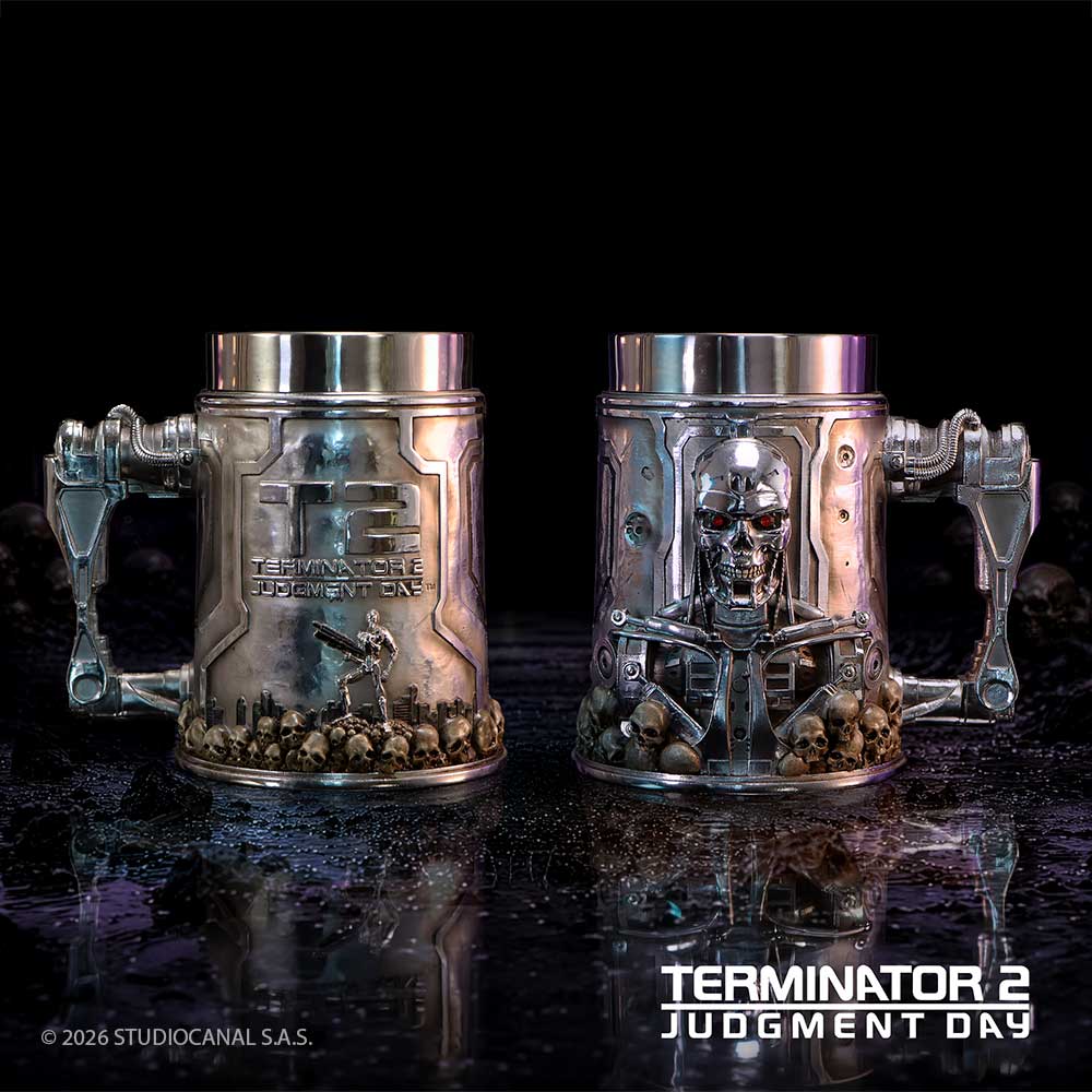 Terminator 2 Judgment Day themed metal beer steins displayed as rear and front view. Rear stein shows a soldier silhouette and the Terminator text, while the front view shows the Terminator head.