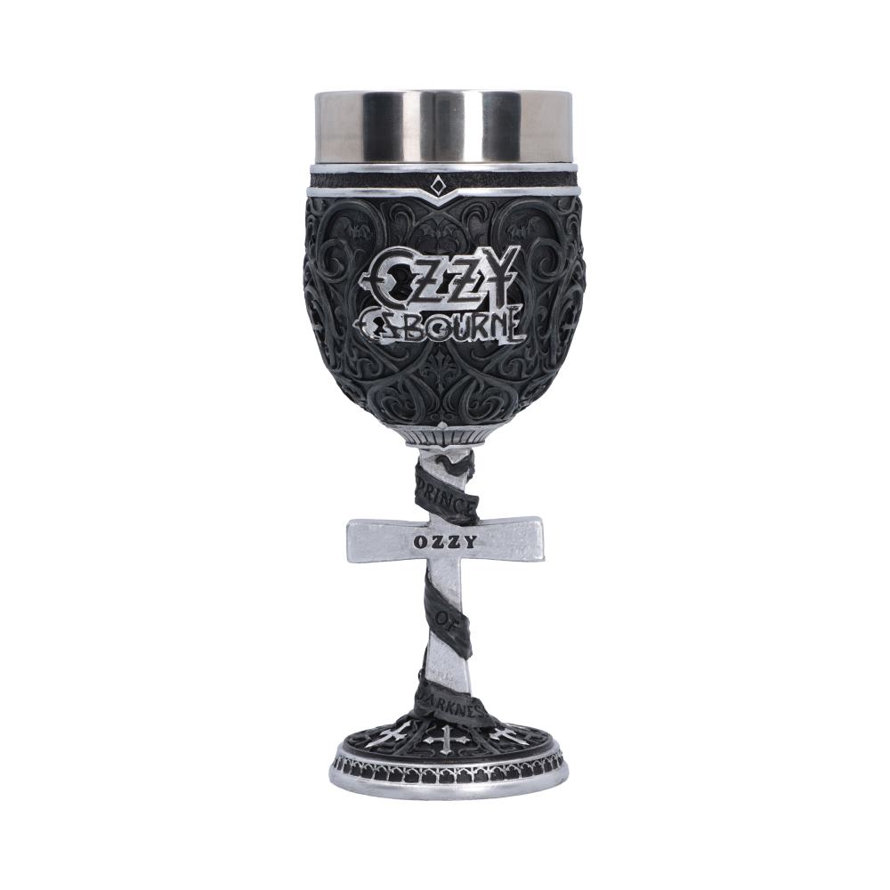 Ozzy Osbourne Prince of Darkness Goblet 19.5cm featuring an intricate Gothic pattern, silver cross handle, Ozzy engraving and silver bat detail.