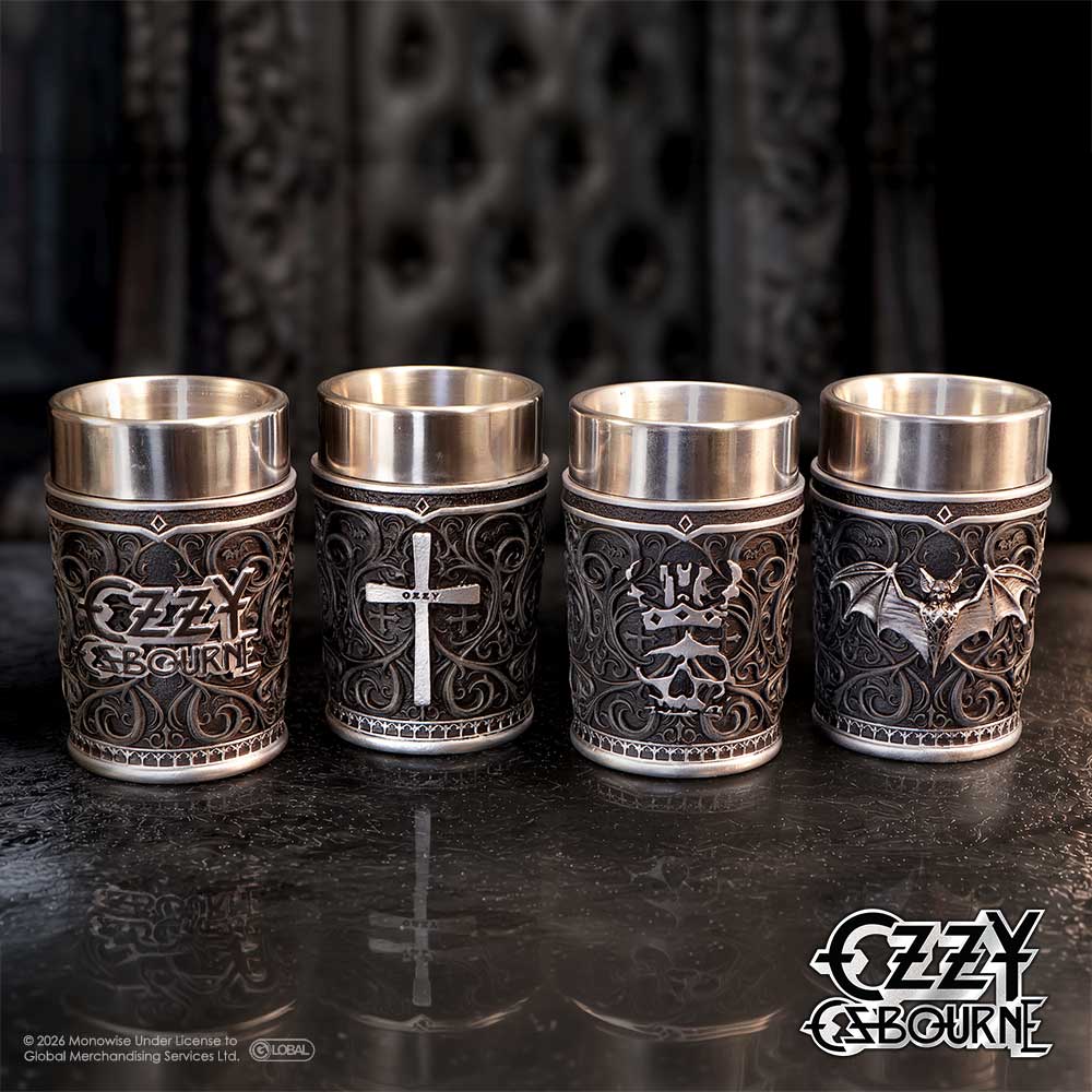 Four Ozzy Osbourne Prince of Darkness shot glasses displayed together with their Gothic silver designs on display