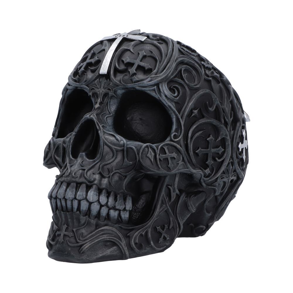 Side view of the Ozzy Osbourne Prince of Darkness Skull showing its intricate hand-painted Gothic detailing.
