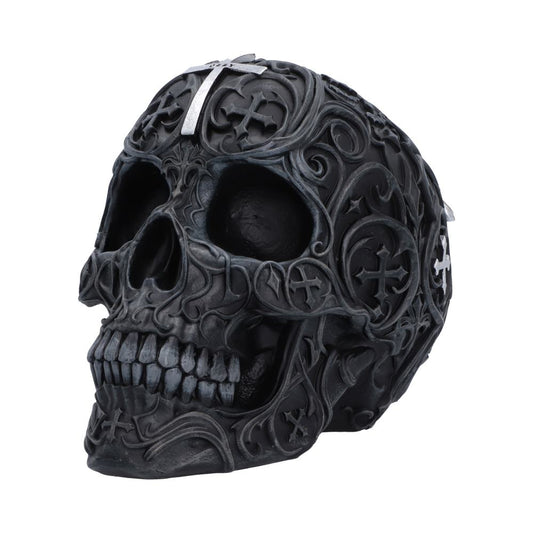 Side view of the Ozzy Osbourne Prince of Darkness Skull showing its intricate hand-painted Gothic detailing.