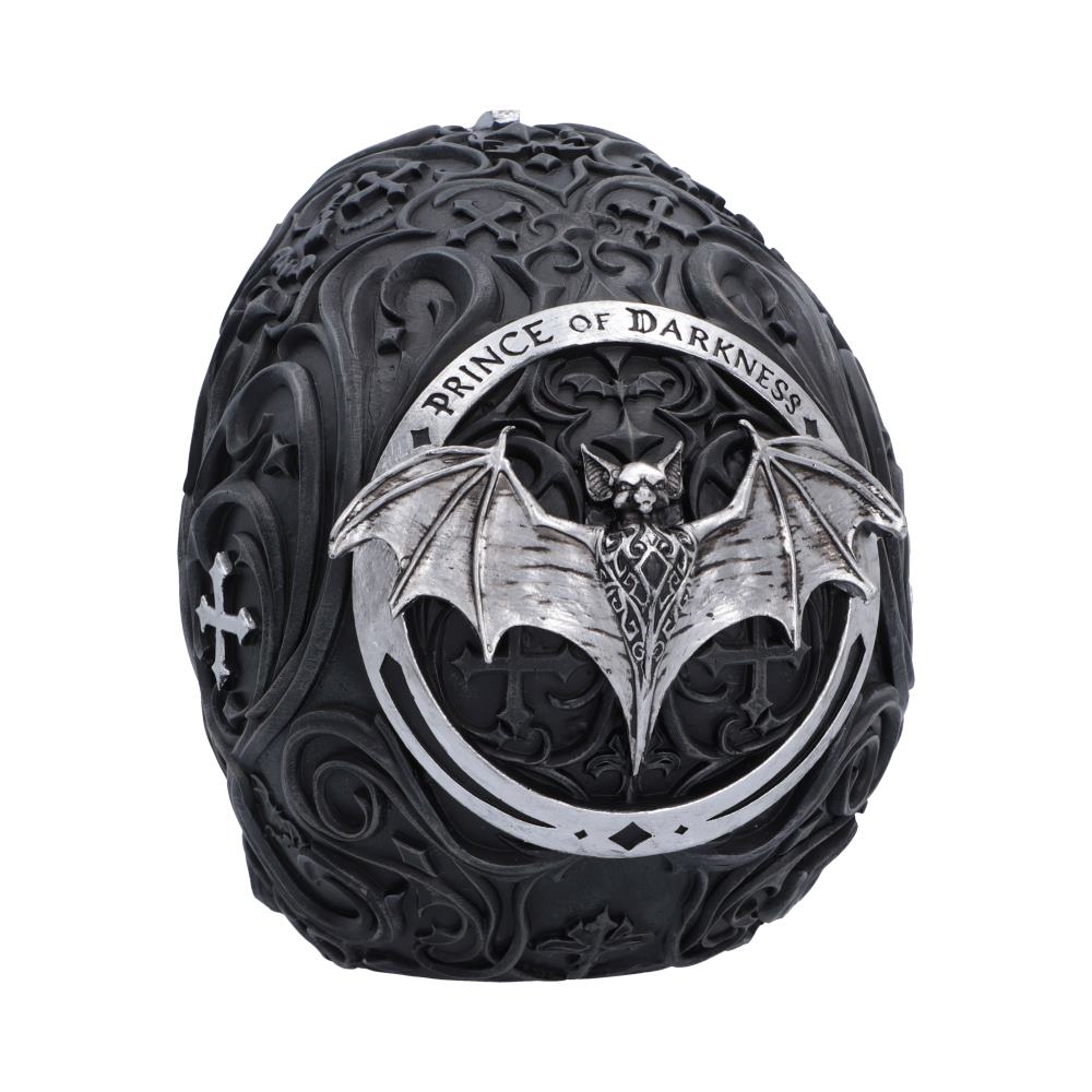Rear view of the officially licensed Ozzy Osbourne skull featuring a silver bat emblem and Prince of Darkness wording.