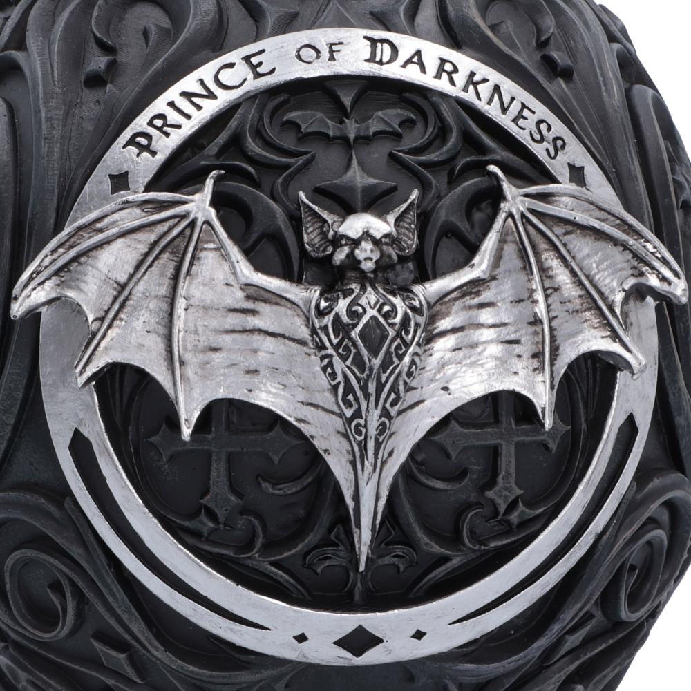 Close-up of the silver bat emblem and Prince of Darkness wording on the reverse of the Ozzy Osbourne skull.