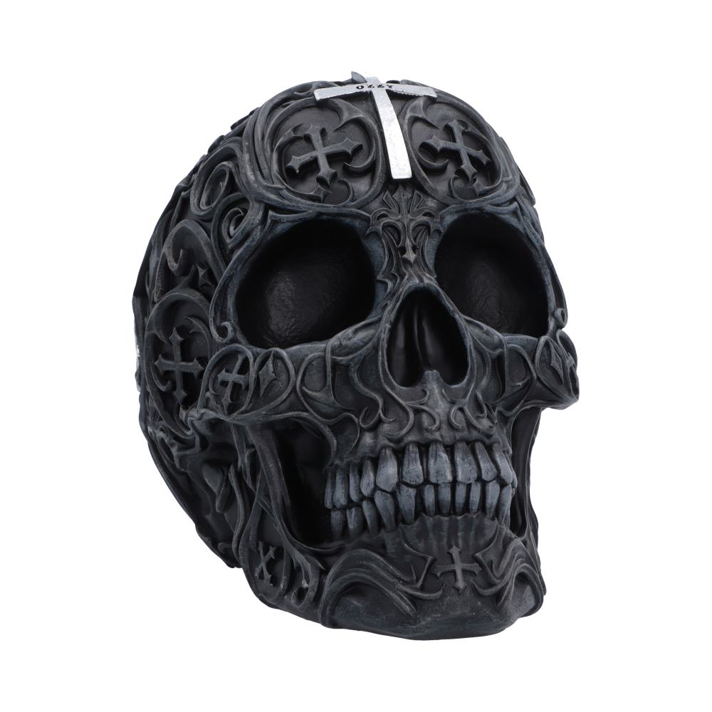 Ozzy Osbourne Prince of Darkness Skull 14.8cm featuring intricate Gothic detailing and a silver cross on the forehead.