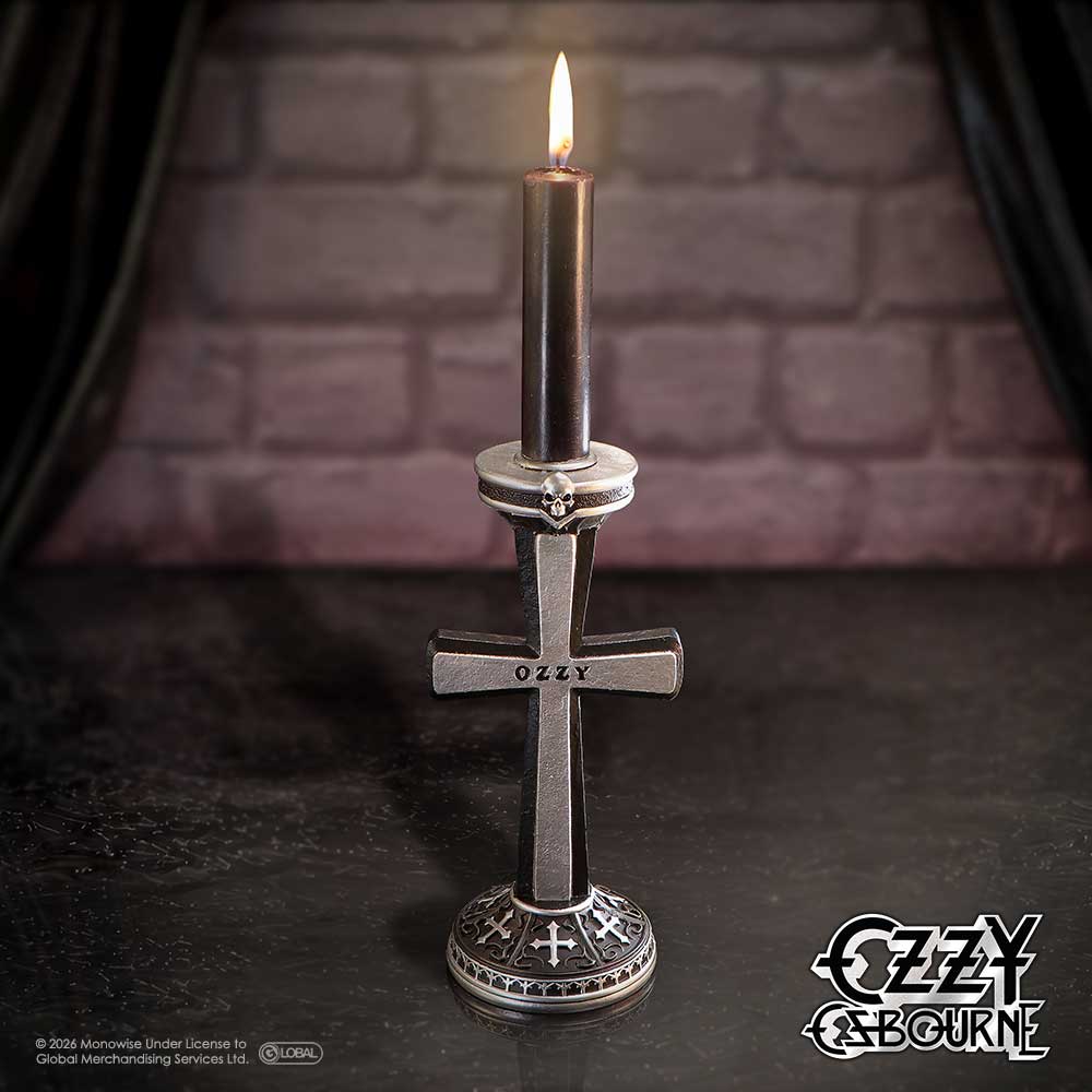 Black and silver Prince of Darkness candle holder on display