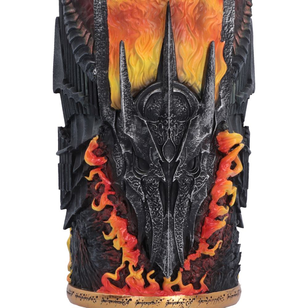 Close-up of sculpted Sauron helmet on Lord of the Rings collectible