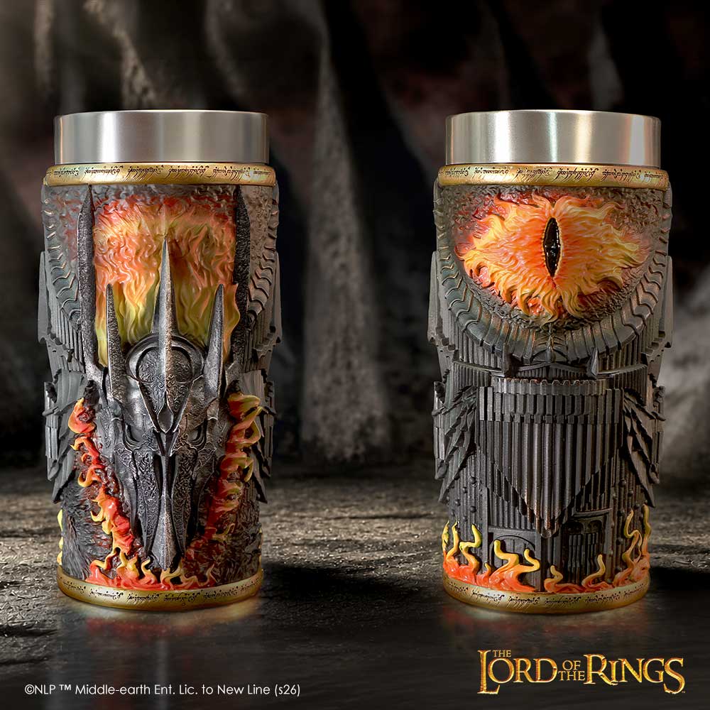 Two metallic The Lord of the Rings themed beer steins shown side by side. A Lord of the Rings themed stainless steel tumbler featuring a detailed relief of the Eruption of Mount Doom scene with fiery orange and yellow flames, dark gray stone textures, and a brushed silver lid.