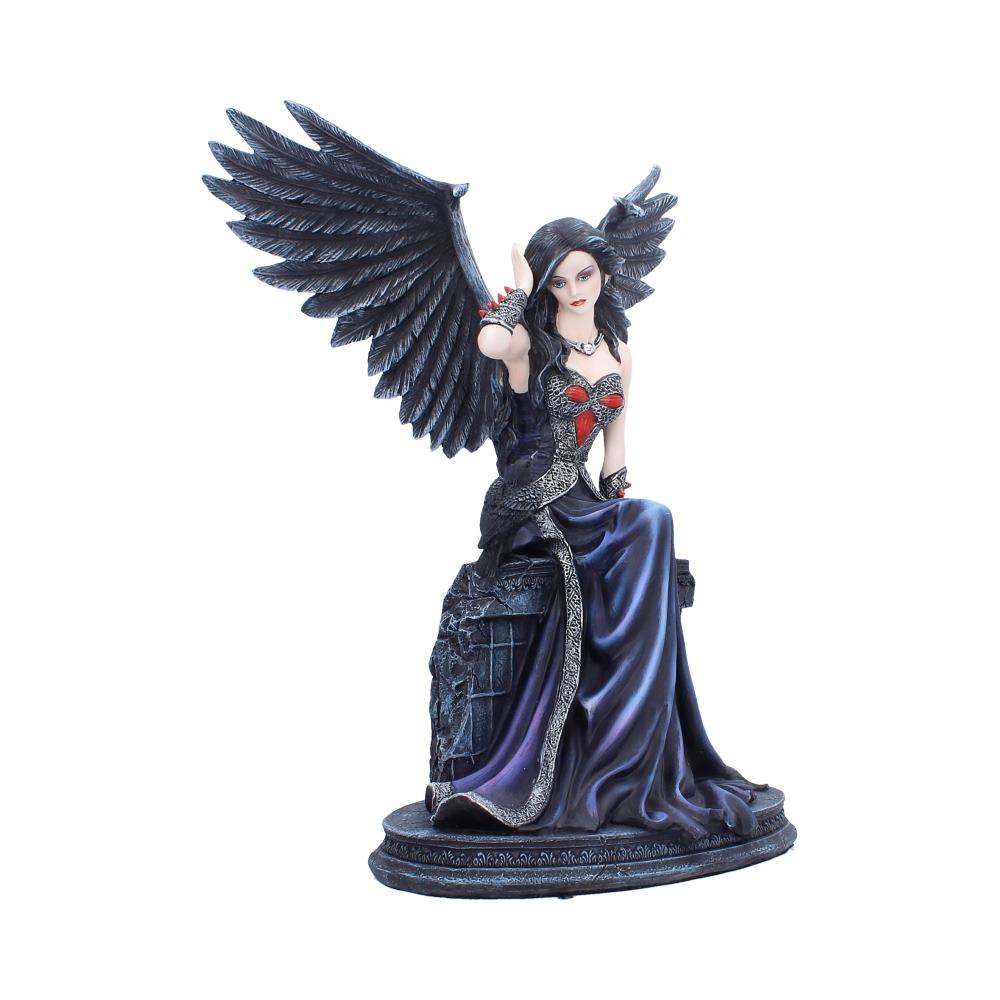 Statue of a woman with dark wings and a blue dress