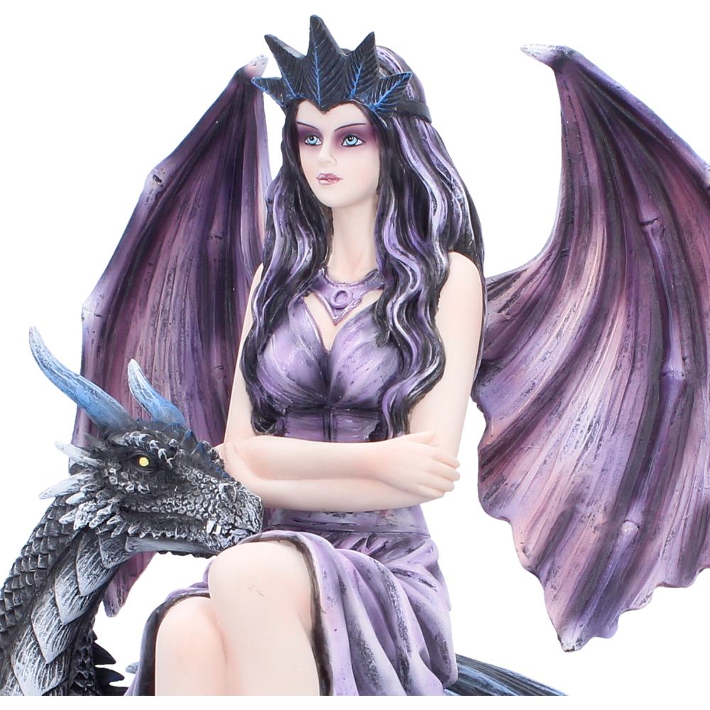 Close-up of Dragon Rose Enchantress showing the crowned fairy's purple and pink outfit, intricate wings and blue dragon companion.