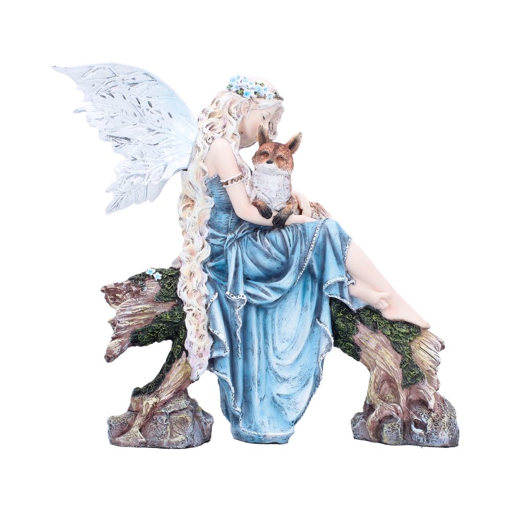 Elariel and Faelan Fairy Figurine with Fox 23.9cm featuring a blonde fairy in a flowing blue dress seated on a tree log with a fox resting on her lap.
