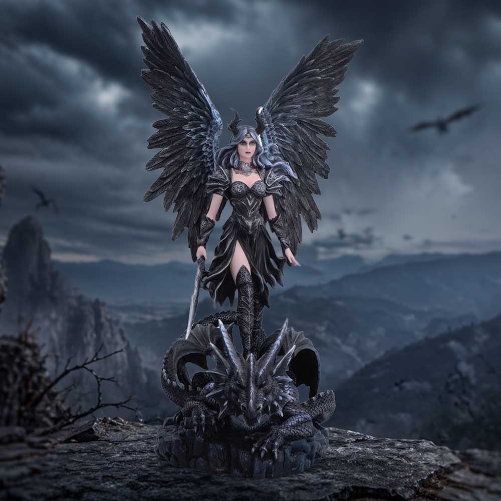 Hand-painted gothic angel figurine with black wings holding a sword and with a dragon