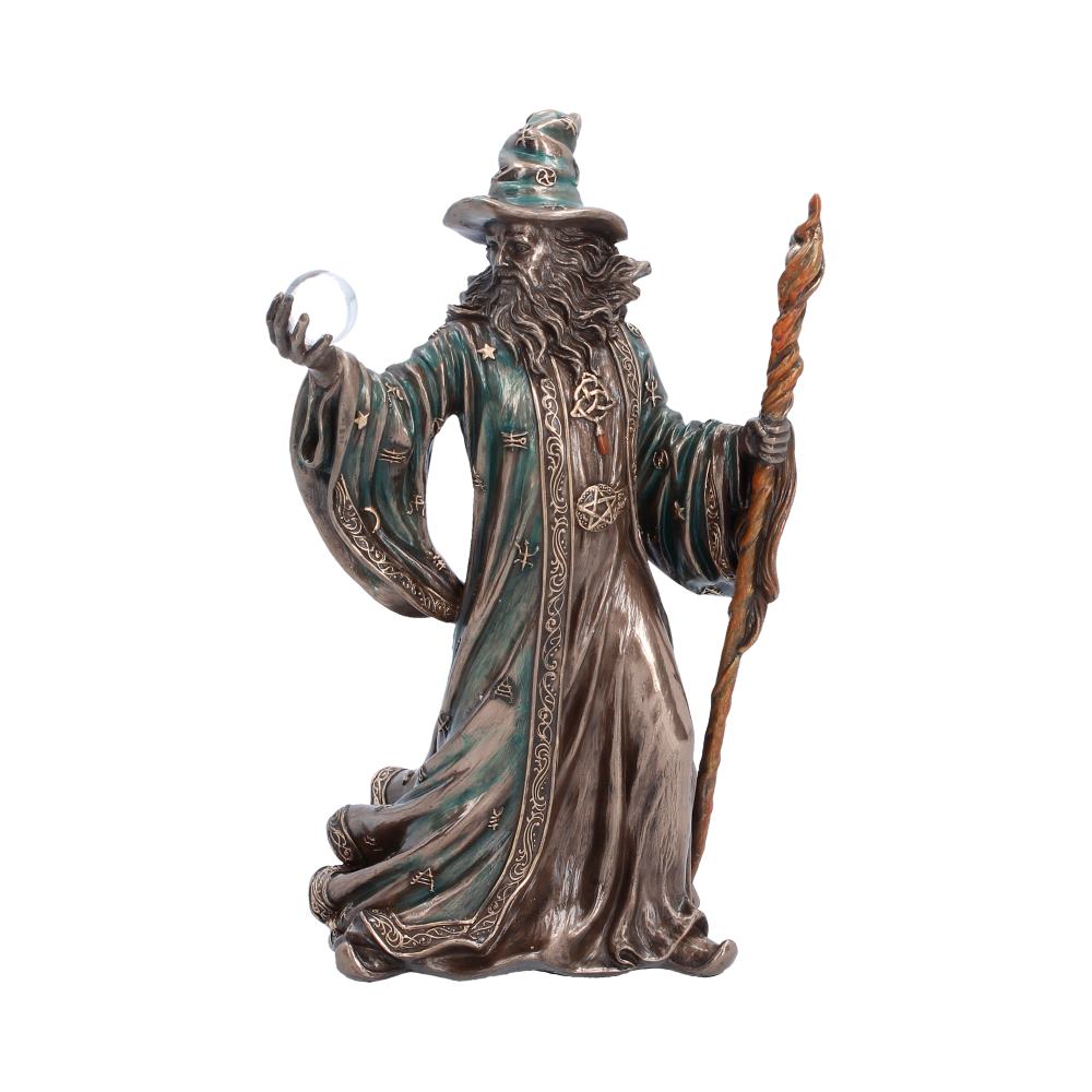 The Sorcerer Wizard Figurine 20cm featuring a bearded wizard holding a crystal ball and staff, wearing flowing bronze-effect robes with dark blue accents and a premium hand-painted resin finish.