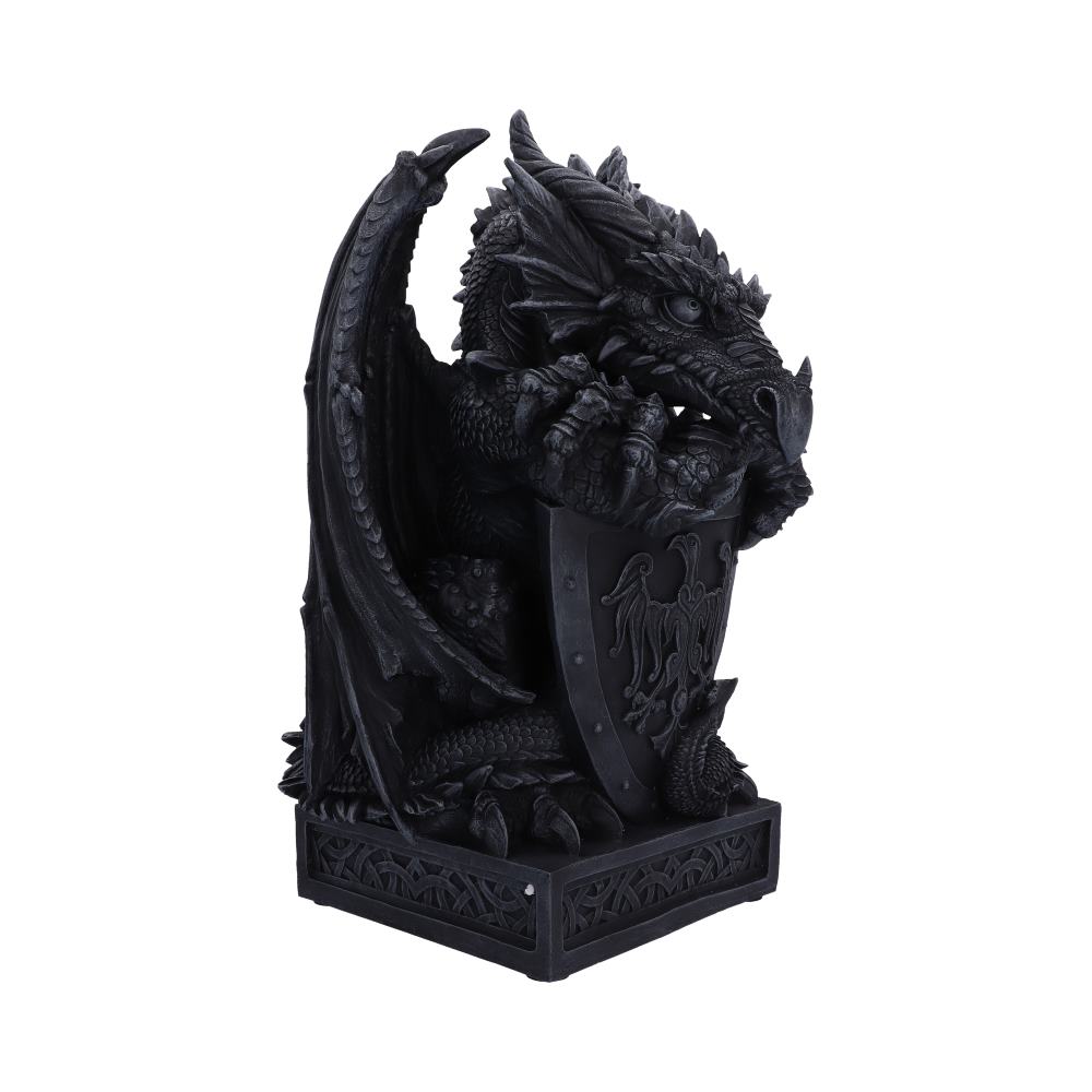 Hand-painted grey Ironshield Guardian  black dragon figurine with wings spread, holding a shield and sword, mounted on a decorative base