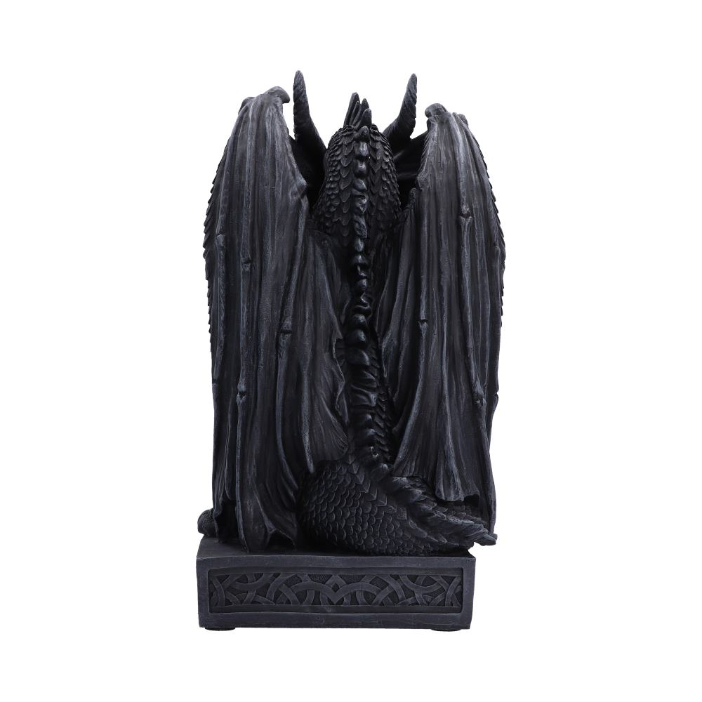 Rear view of Ironblade Sentinel black dragon figurine with large spread wings, textured scales, and a carved rectangular base