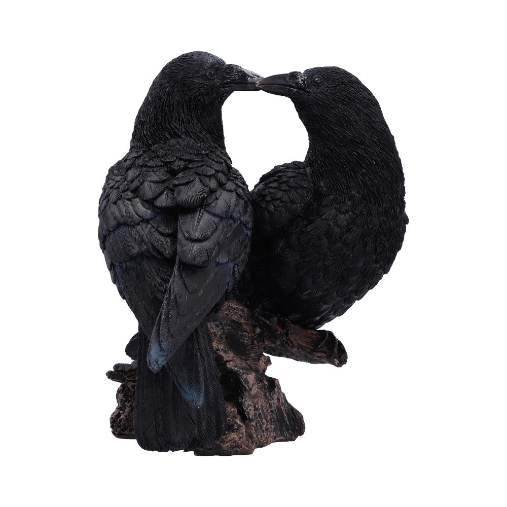 Detailed natural branch and bark-effect base on raven ornament with hand-painted dark tones on Midnight Kiss raven figurine