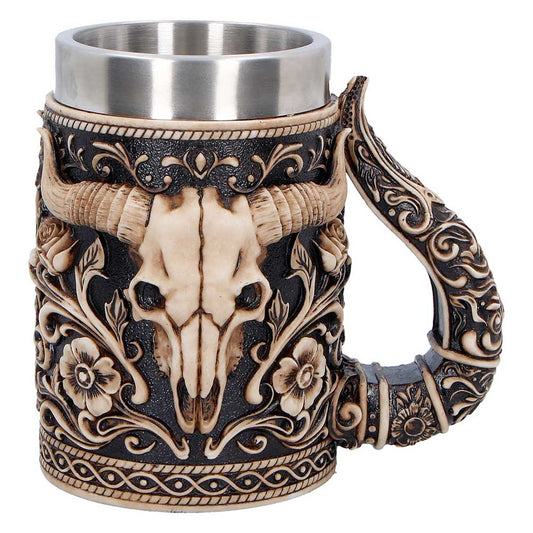 Western bull skull tankard with horn-shaped handle