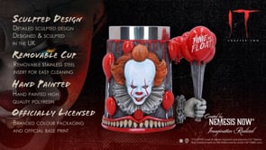 IT Time To Float Tankard video showing Pennywise sculpting, red balloon handle details, stainless steel insert, and hand-painted finish