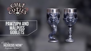 360° view of the Malpuss Goblet showcasing the winged black cat, ornate silver detailing, and 360° view of the Pawzuph Goblet showcasing the black cat with ram horns, ornate occult-inspired detailing, removable stainless steel insert, and hand-painted resin craftsmanship.