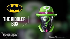 DC The Riddler Box video showing green and purple hat lid, question mark design, storage interior, and collectible display styling