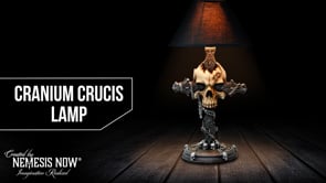 360° view of the Cranium Crucis Lamp showcasing the realistic skull, ornate Gothic crucifix, deep red lampshade, intricate sculpting, premium hand-painted resin finish, and atmospheric gothic design.