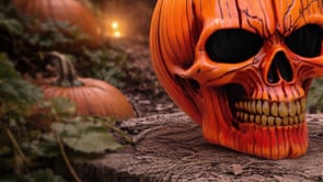 360° view of the Hall of Horrors: The Spirit of Halloween Skull Figurine showcasing the carved pumpkin-inspired design, realistic skull detailing, vibrant orange finish, and premium hand-painted polyresin craftsmanship.