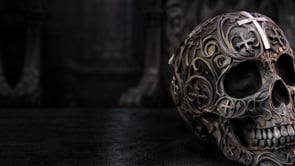 360° view of the Ozzy Osbourne Prince of Darkness Skull 14.8cm showcasing its Gothic detailing, silver cross, silver bat emblem and Prince of Darkness design.
