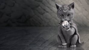 Feligor 10.2cm Nemesis Now Cult Cuties gothic cat figurine with horns, black cape, silver skull and mystical detailing