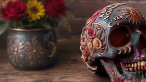 360° view of the Spirit Board Bloom Skull showcasing its floral details, Ouija lettering and reverse planchette design