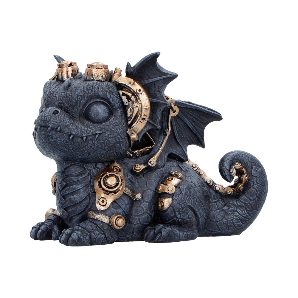 Black dragon figurine side view with mechanical accents