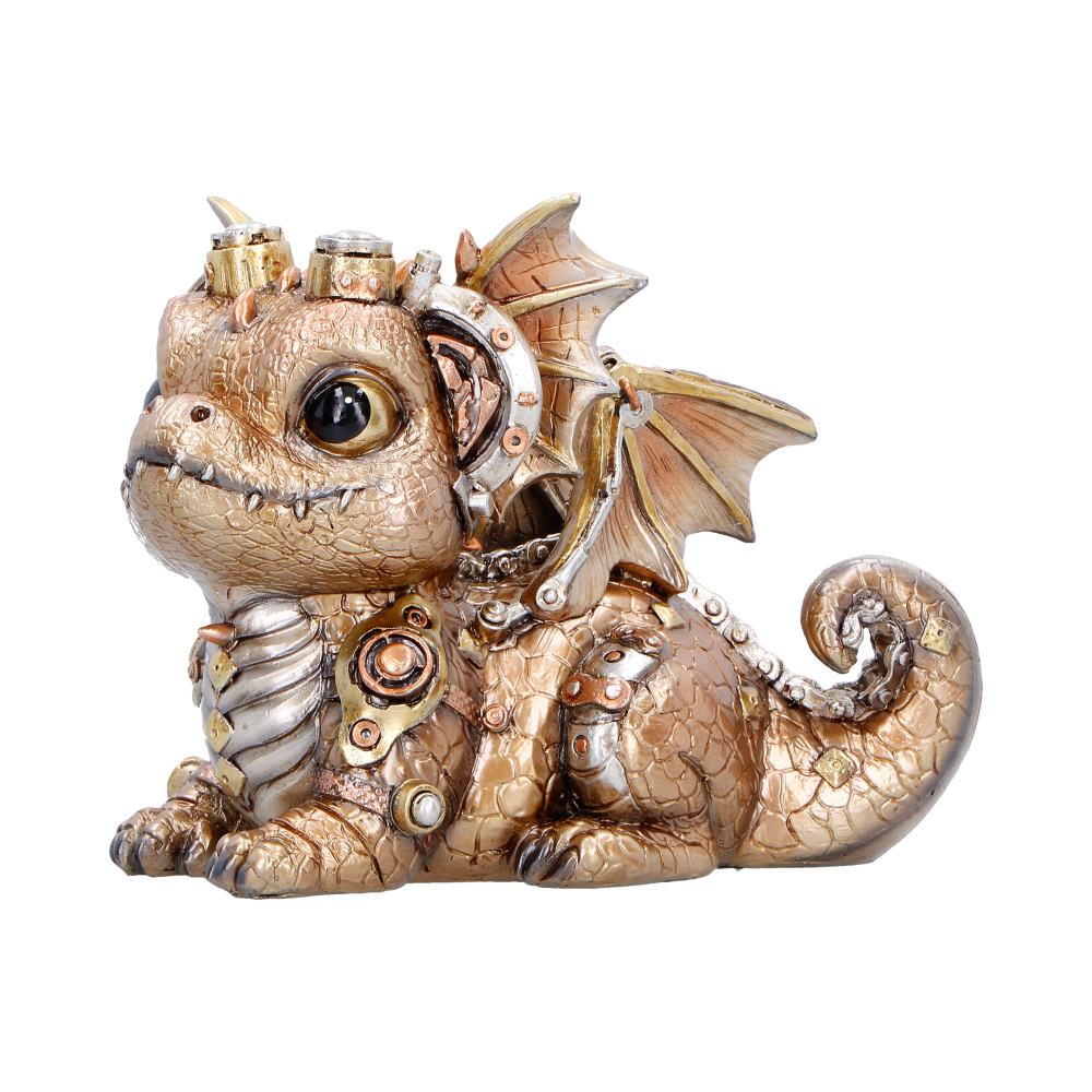 Gold dragon figurine side view with mechanical accents
