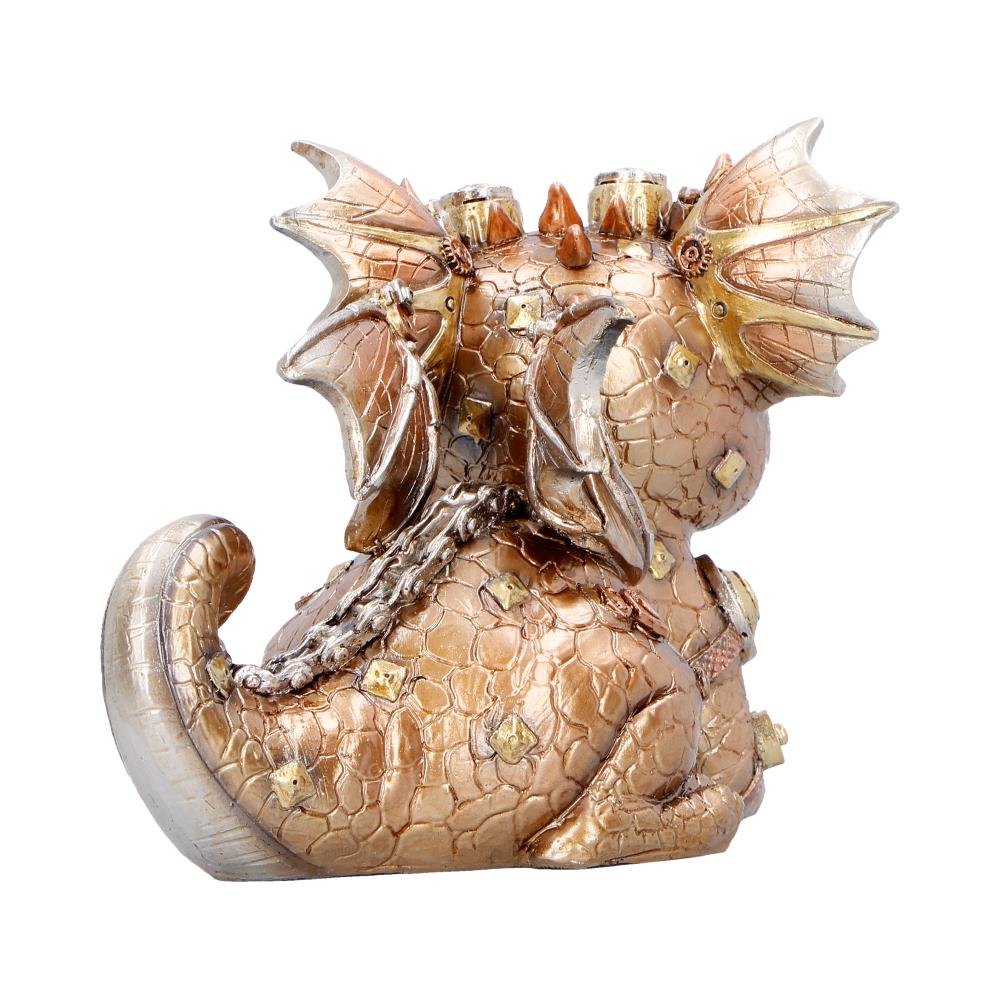 Back view of gold steampunk dragon figurine showing full design