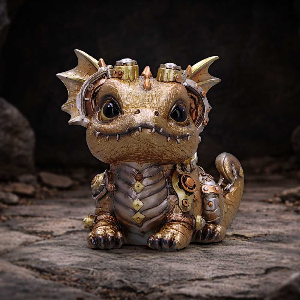 Steampunk-style dragon figurine hand-painted with metallic finish