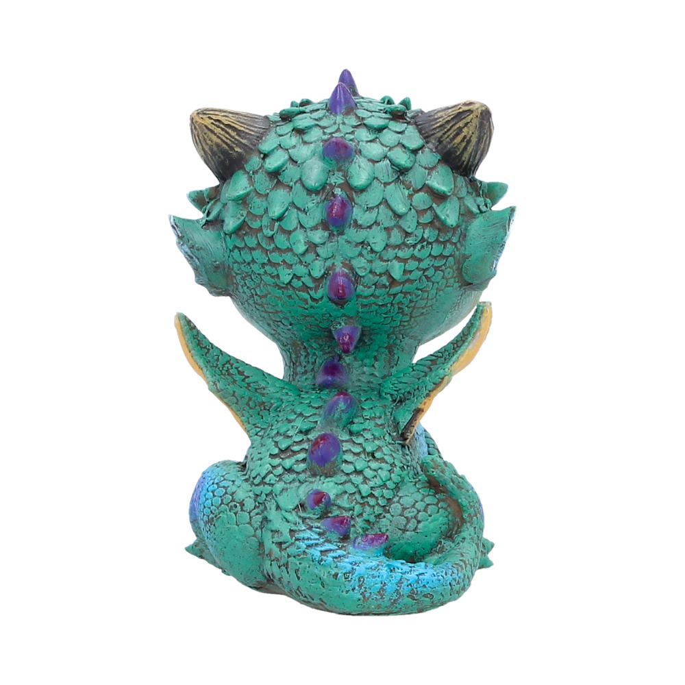 Back view of dragon figurine with teal and purple scales