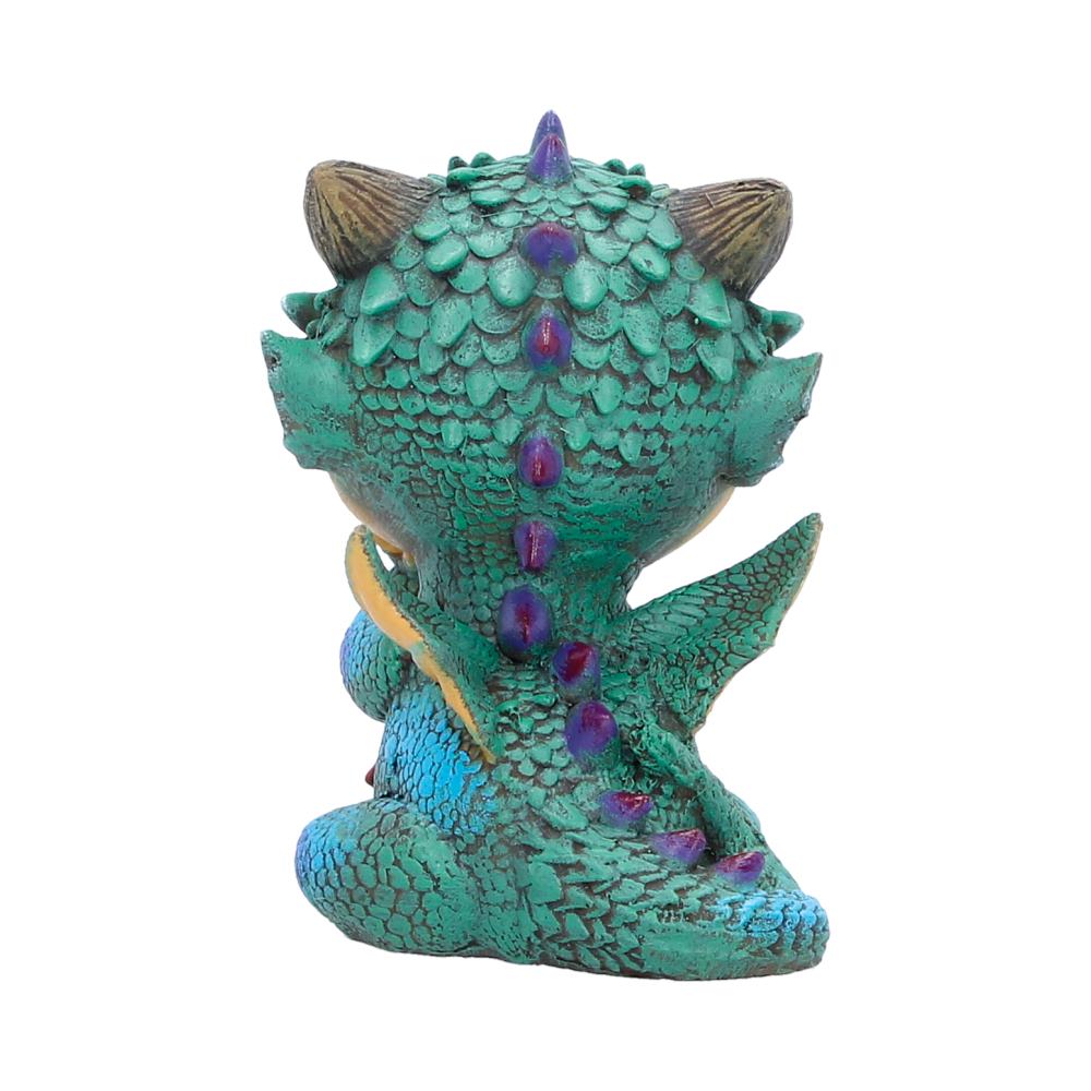 Back view of teal dragon figurine with purple accents
