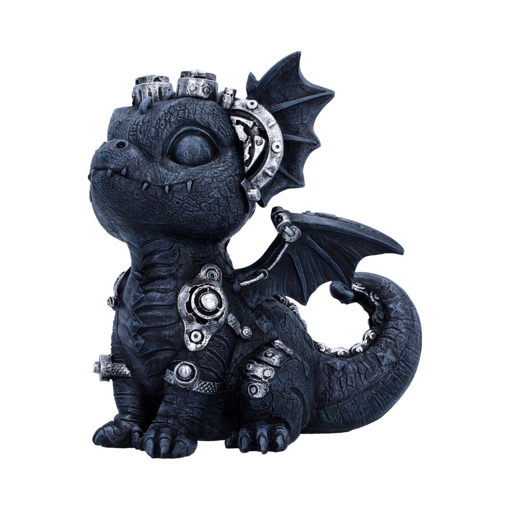 Black dragon figurine side view with mechanical detail