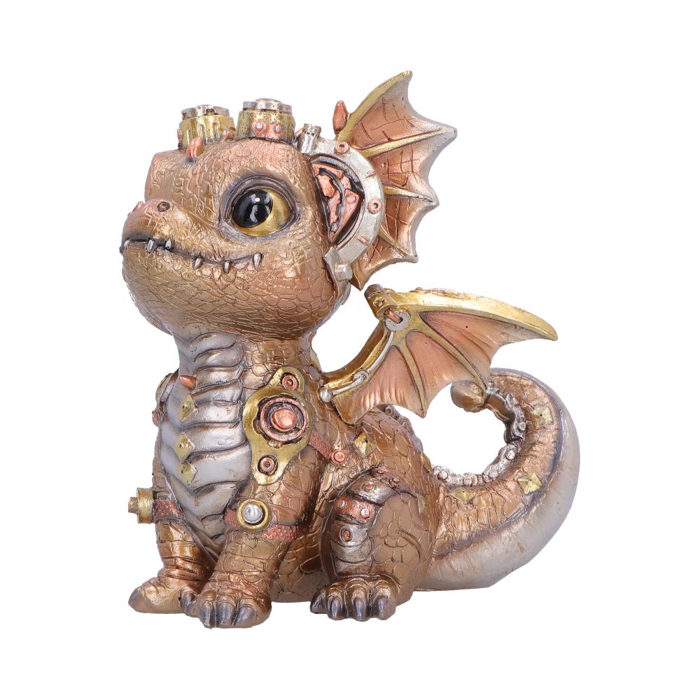 Gold dragon figurine side view with mechanical accents