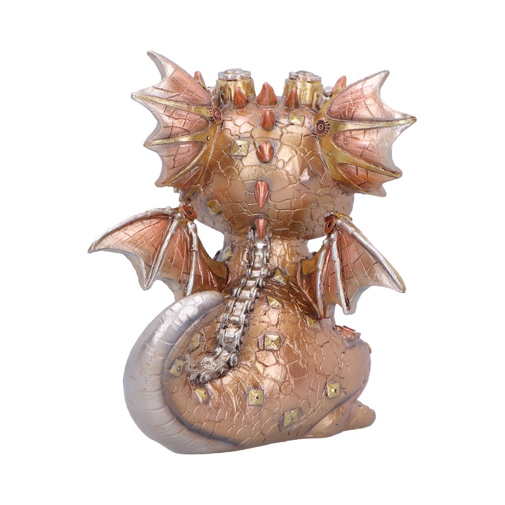 Back view of gold steampunk dragon figurine with intricate details