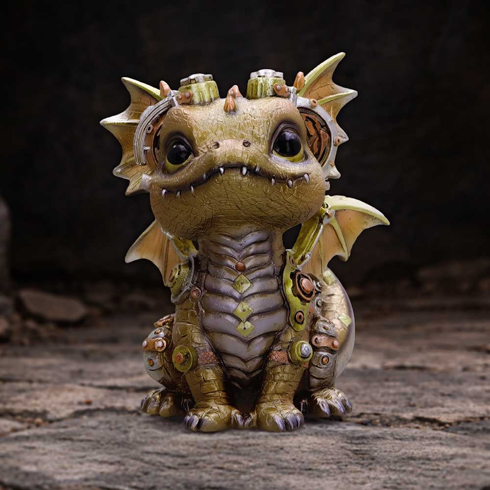 Steampunk-style hand-painted dragon figurine with metallic gold finish